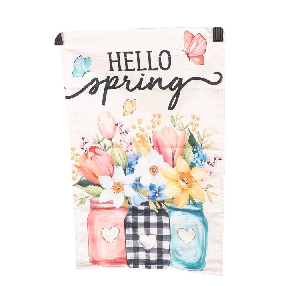 Hello Spring Garden Flag Mason Jar Flowers 12x18 Butterflies Pastel Decor - Picture 4 of 4